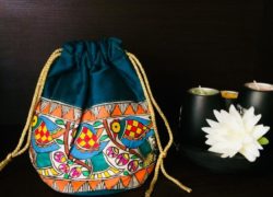 Handpainted Leather Potli Purse Raw Silk